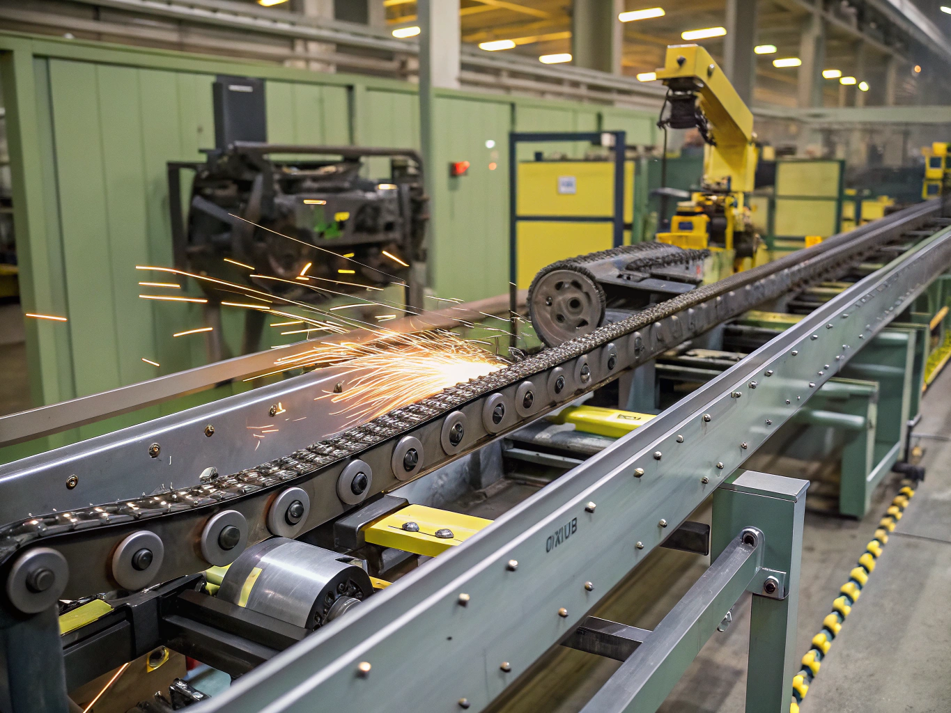Industrial material conveyor belt operating inside heavy manufacturing facility
